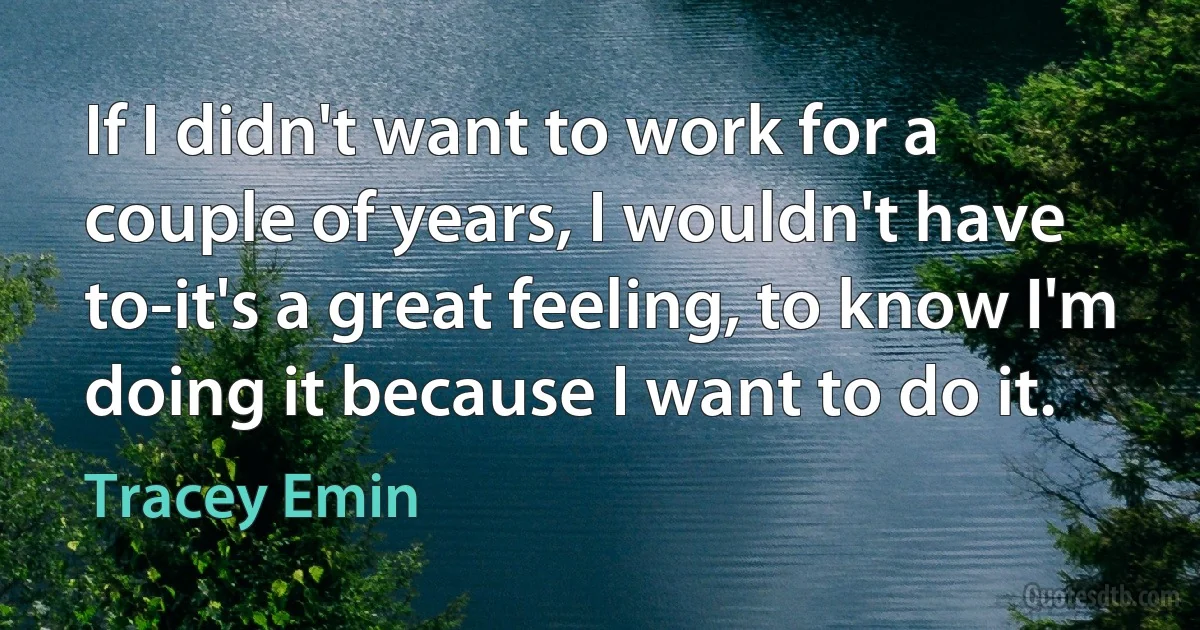 If I didn't want to work for a couple of years, I wouldn't have to-it's a great feeling, to know I'm doing it because I want to do it. (Tracey Emin)