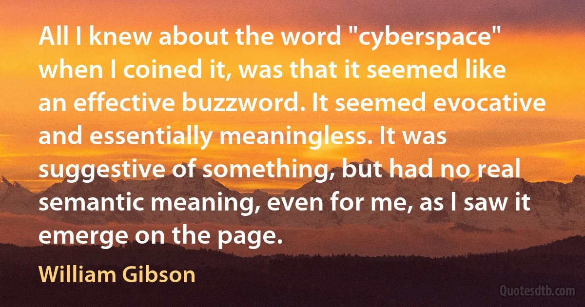 All I knew about the word "cyberspace" when I coined it, was that it seemed like an effective buzzword. It seemed evocative and essentially meaningless. It was suggestive of something, but had no real semantic meaning, even for me, as I saw it emerge on the page. (William Gibson)