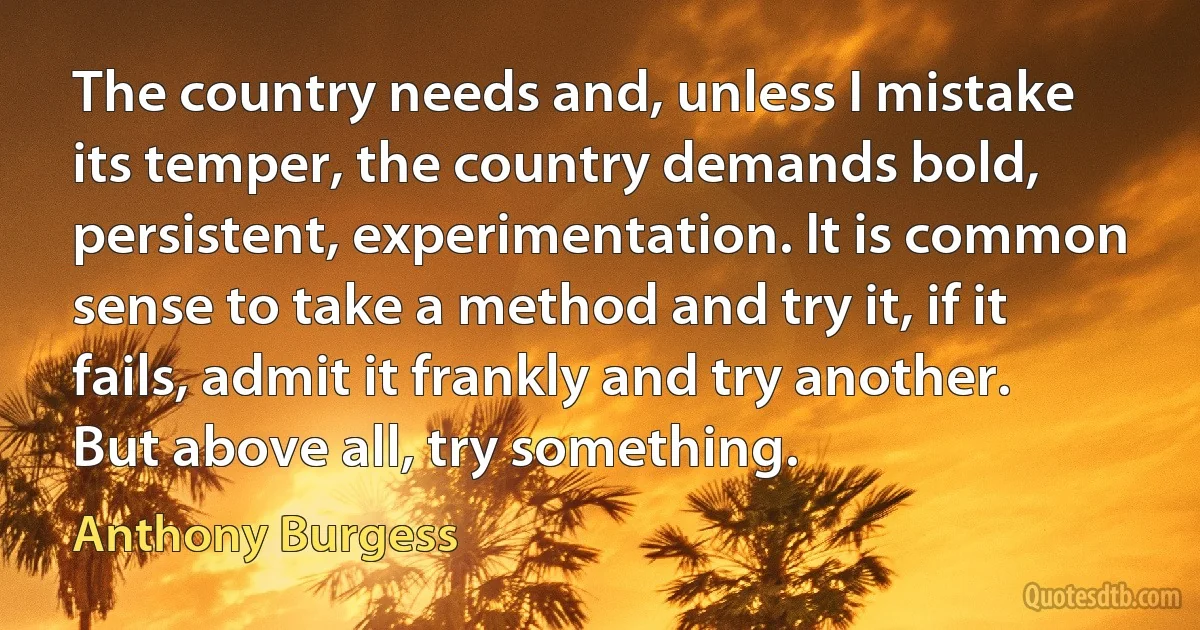 The country needs and, unless I mistake its temper, the country demands bold, persistent, experimentation. It is common sense to take a method and try it, if it fails, admit it frankly and try another. But above all, try something. (Anthony Burgess)