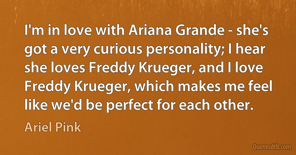 I'm in love with Ariana Grande - she's got a very curious personality; I hear she loves Freddy Krueger, and I love Freddy Krueger, which makes me feel like we'd be perfect for each other. (Ariel Pink)