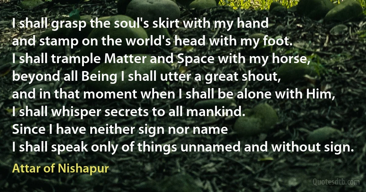 I shall grasp the soul's skirt with my hand
and stamp on the world's head with my foot.
I shall trample Matter and Space with my horse,
beyond all Being I shall utter a great shout,
and in that moment when I shall be alone with Him,
I shall whisper secrets to all mankind.
Since I have neither sign nor name
I shall speak only of things unnamed and without sign. (Attar of Nishapur)