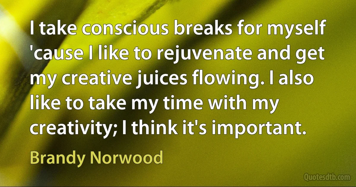 I take conscious breaks for myself 'cause I like to rejuvenate and get my creative juices flowing. I also like to take my time with my creativity; I think it's important. (Brandy Norwood)