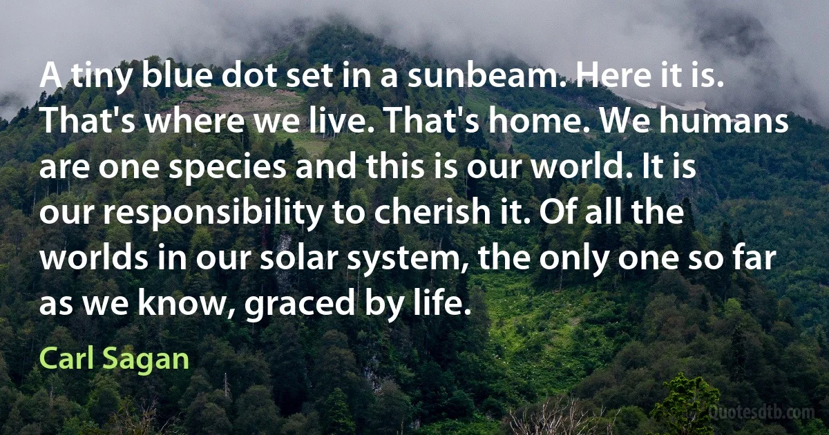 A tiny blue dot set in a sunbeam. Here it is. That's where we live. That's home. We humans are one species and this is our world. It is our responsibility to cherish it. Of all the worlds in our solar system, the only one so far as we know, graced by life. (Carl Sagan)