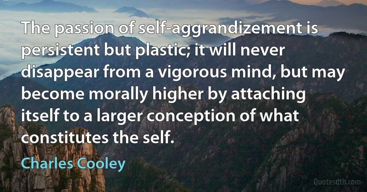 The passion of self-aggrandizement is persistent but plastic; it will never disappear from a vigorous mind, but may become morally higher by attaching itself to a larger conception of what constitutes the self. (Charles Cooley)