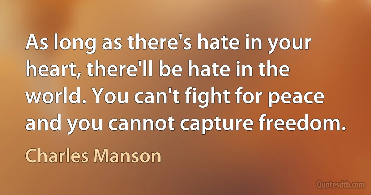 As long as there's hate in your heart, there'll be hate in the world. You can't fight for peace and you cannot capture freedom. (Charles Manson)