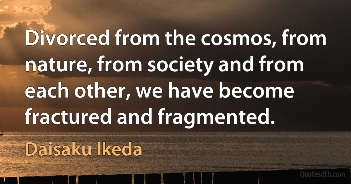 Divorced from the cosmos, from nature, from society and from each other, we have become fractured and fragmented. (Daisaku Ikeda)