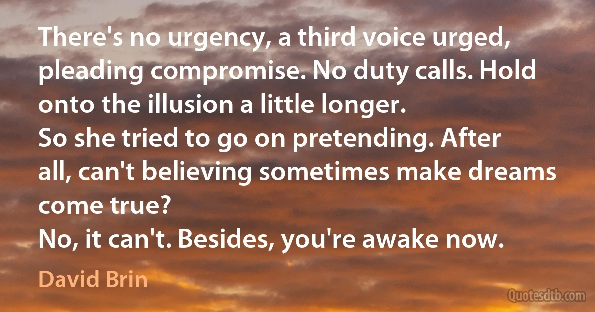 There's no urgency, a third voice urged, pleading compromise. No duty calls. Hold onto the illusion a little longer.
So she tried to go on pretending. After all, can't believing sometimes make dreams come true?
No, it can't. Besides, you're awake now. (David Brin)