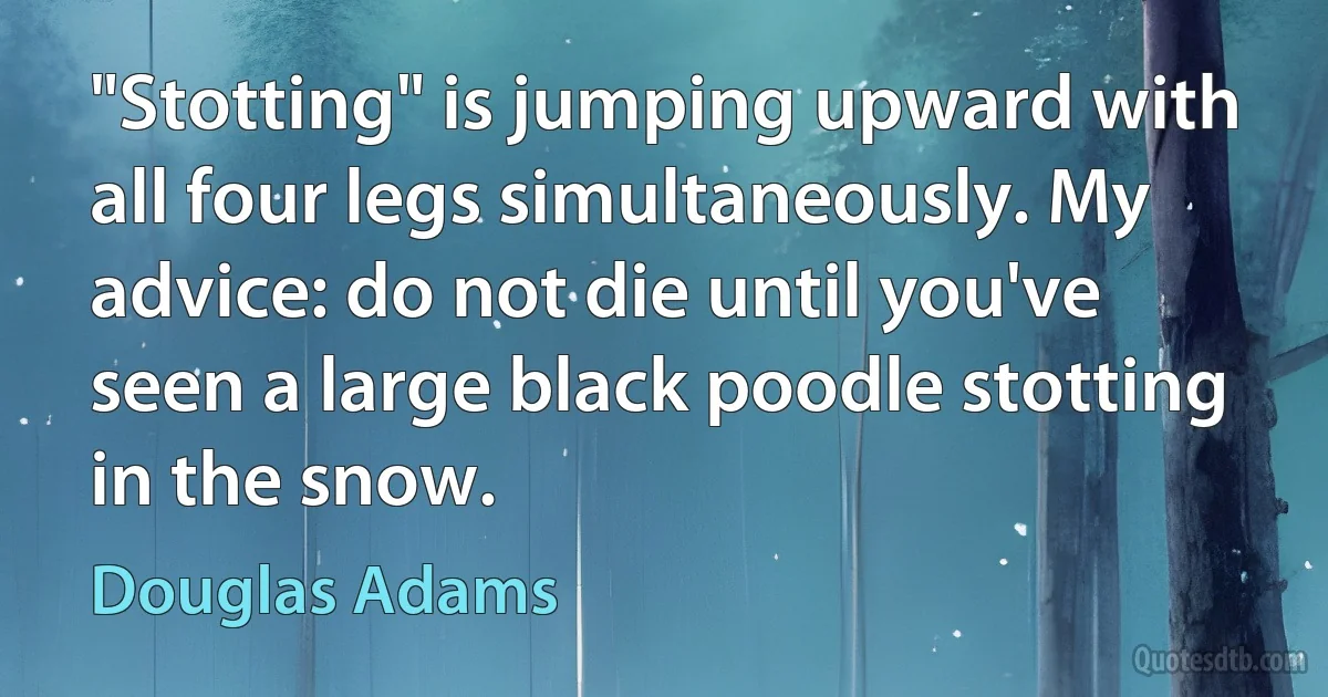 "Stotting" is jumping upward with all four legs simultaneously. My advice: do not die until you've seen a large black poodle stotting in the snow. (Douglas Adams)