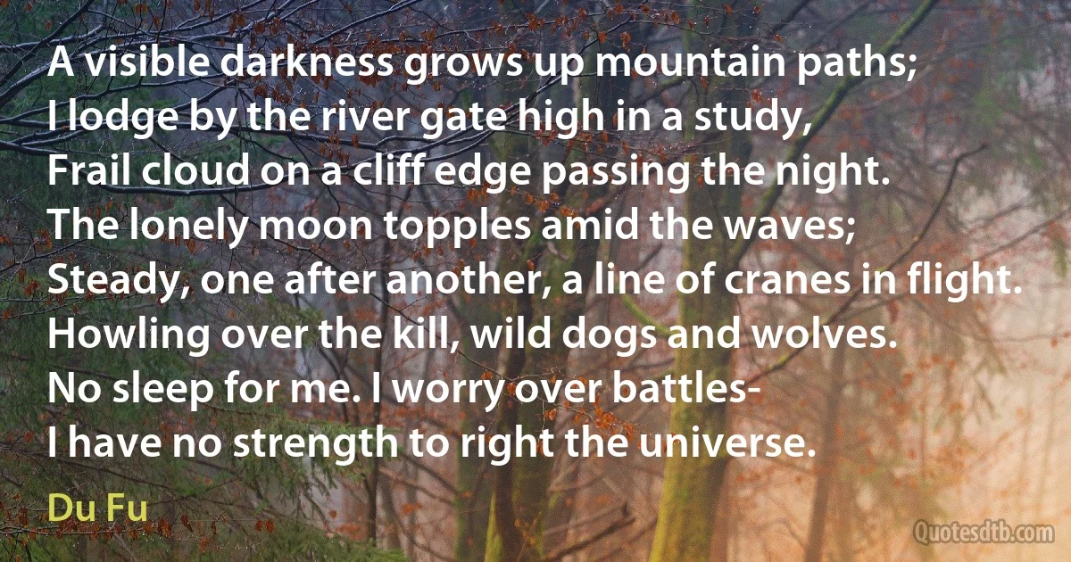 A visible darkness grows up mountain paths;
I lodge by the river gate high in a study,
Frail cloud on a cliff edge passing the night.
The lonely moon topples amid the waves;
Steady, one after another, a line of cranes in flight.
Howling over the kill, wild dogs and wolves.
No sleep for me. I worry over battles-
I have no strength to right the universe. (Du Fu)