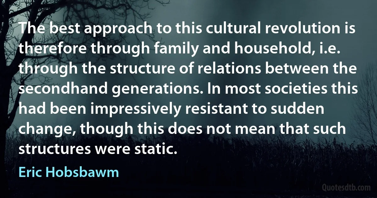 The best approach to this cultural revolution is therefore through family and household, i.e. through the structure of relations between the secondhand generations. In most societies this had been impressively resistant to sudden change, though this does not mean that such structures were static. (Eric Hobsbawm)