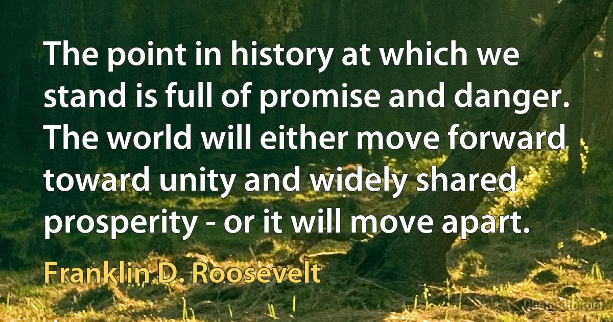 The point in history at which we stand is full of promise and danger. The world will either move forward toward unity and widely shared prosperity - or it will move apart. (Franklin D. Roosevelt)