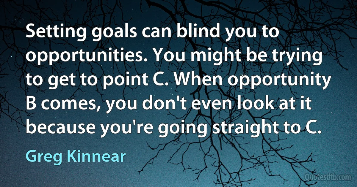 Setting goals can blind you to opportunities. You might be trying to get to point C. When opportunity B comes, you don't even look at it because you're going straight to C. (Greg Kinnear)