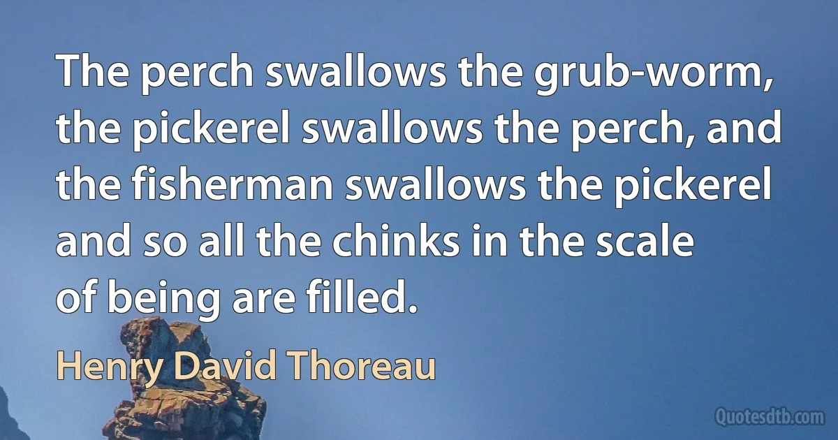 The perch swallows the grub-worm, the pickerel swallows the perch, and the fisherman swallows the pickerel and so all the chinks in the scale of being are filled. (Henry David Thoreau)