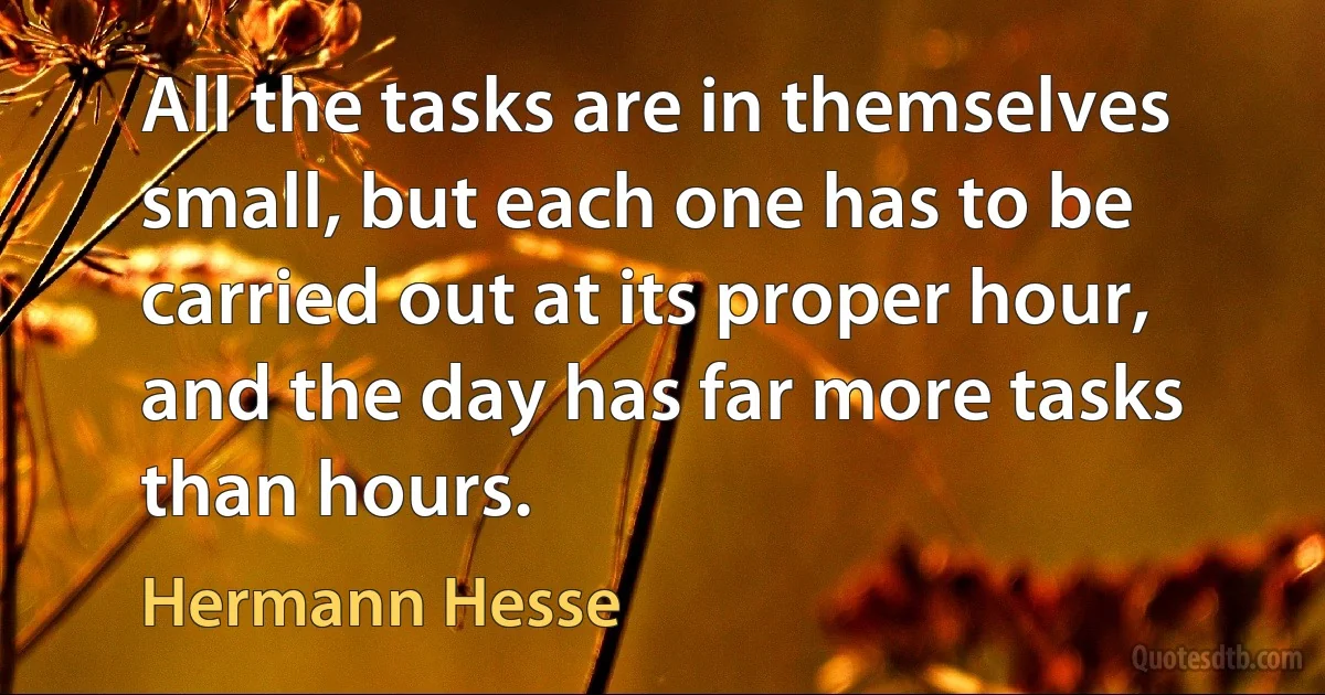 All the tasks are in themselves small, but each one has to be carried out at its proper hour, and the day has far more tasks than hours. (Hermann Hesse)