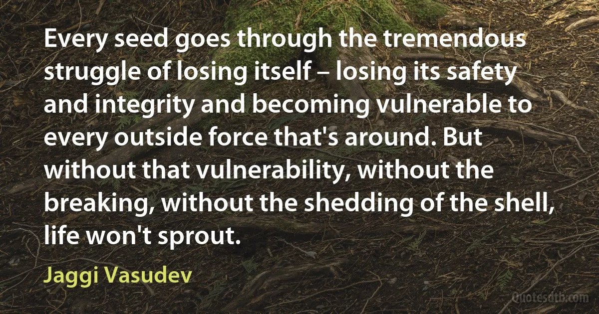 Every seed goes through the tremendous struggle of losing itself – losing its safety and integrity and becoming vulnerable to every outside force that's around. But without that vulnerability, without the breaking, without the shedding of the shell, life won't sprout. (Jaggi Vasudev)