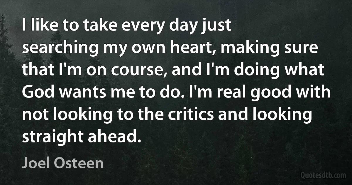 I like to take every day just searching my own heart, making sure that I'm on course, and I'm doing what God wants me to do. I'm real good with not looking to the critics and looking straight ahead. (Joel Osteen)