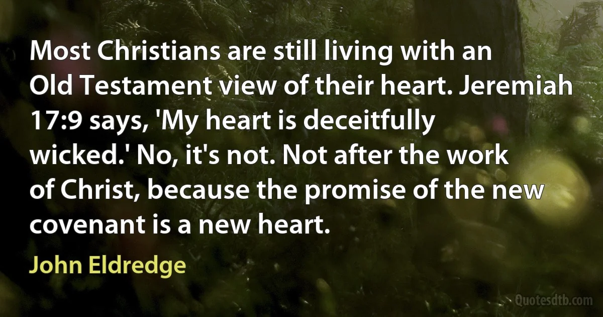 Most Christians are still living with an Old Testament view of their heart. Jeremiah 17:9 says, 'My heart is deceitfully wicked.' No, it's not. Not after the work of Christ, because the promise of the new covenant is a new heart. (John Eldredge)