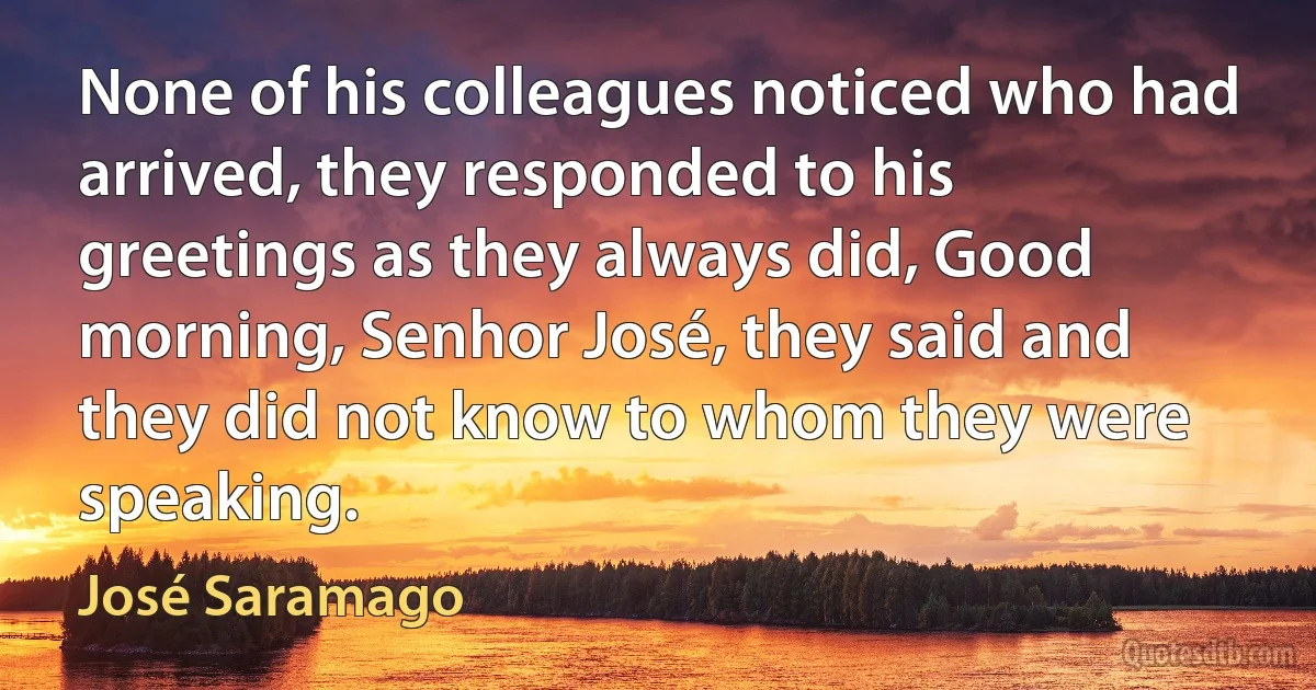 None of his colleagues noticed who had arrived, they responded to his greetings as they always did, Good morning, Senhor José, they said and they did not know to whom they were speaking. (José Saramago)