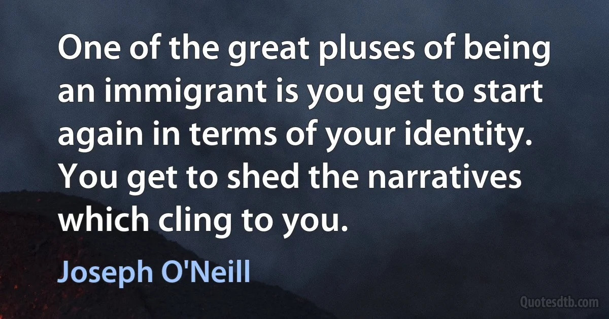 One of the great pluses of being an immigrant is you get to start again in terms of your identity. You get to shed the narratives which cling to you. (Joseph O'Neill)