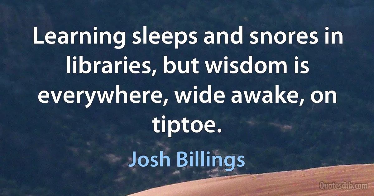 Learning sleeps and snores in libraries, but wisdom is everywhere, wide awake, on tiptoe. (Josh Billings)