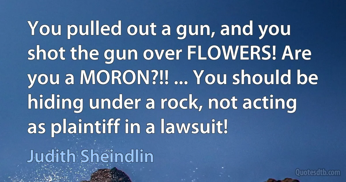 You pulled out a gun, and you shot the gun over FLOWERS! Are you a MORON?!! ... You should be hiding under a rock, not acting as plaintiff in a lawsuit! (Judith Sheindlin)