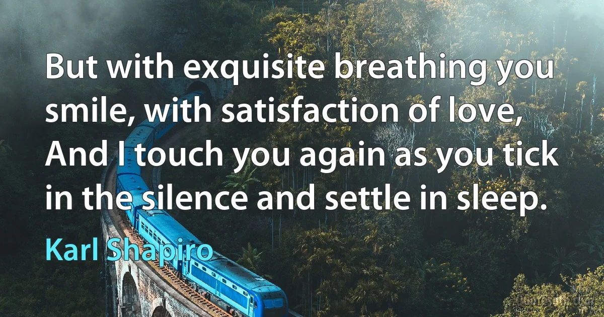 But with exquisite breathing you smile, with satisfaction of love, And I touch you again as you tick in the silence and settle in sleep. (Karl Shapiro)