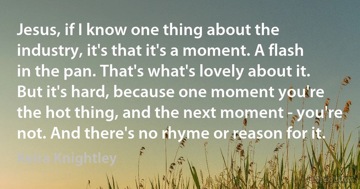 Jesus, if I know one thing about the industry, it's that it's a moment. A flash in the pan. That's what's lovely about it. But it's hard, because one moment you're the hot thing, and the next moment - you're not. And there's no rhyme or reason for it. (Keira Knightley)