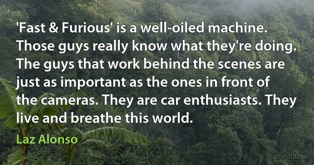 'Fast & Furious' is a well-oiled machine. Those guys really know what they're doing. The guys that work behind the scenes are just as important as the ones in front of the cameras. They are car enthusiasts. They live and breathe this world. (Laz Alonso)