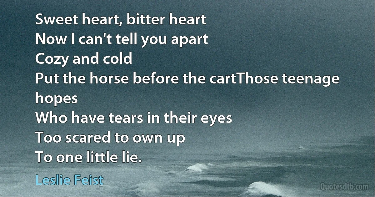 Sweet heart, bitter heart
Now I can't tell you apart
Cozy and cold
Put the horse before the cartThose teenage hopes
Who have tears in their eyes
Too scared to own up
To one little lie. (Leslie Feist)