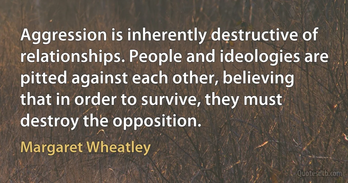 Aggression is inherently destructive of relationships. People and ideologies are pitted against each other, believing that in order to survive, they must destroy the opposition. (Margaret Wheatley)