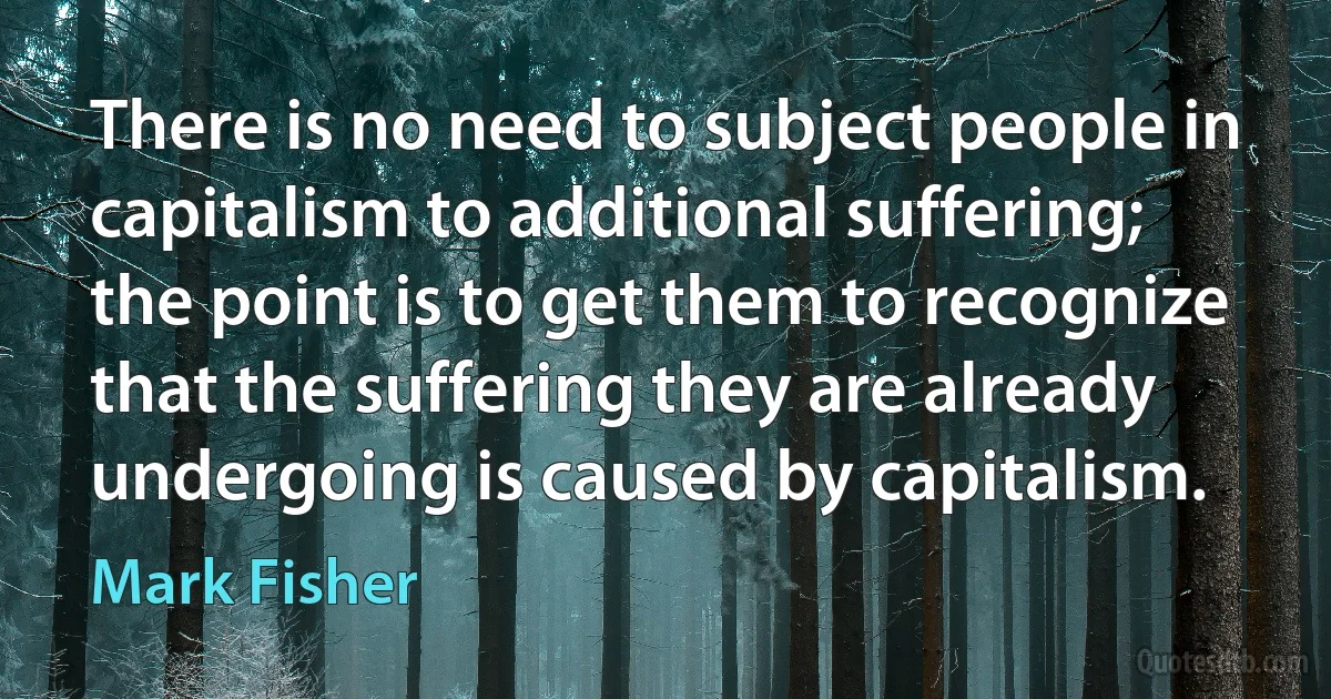 There is no need to subject people in capitalism to additional suffering; the point is to get them to recognize that the suffering they are already undergoing is caused by capitalism. (Mark Fisher)