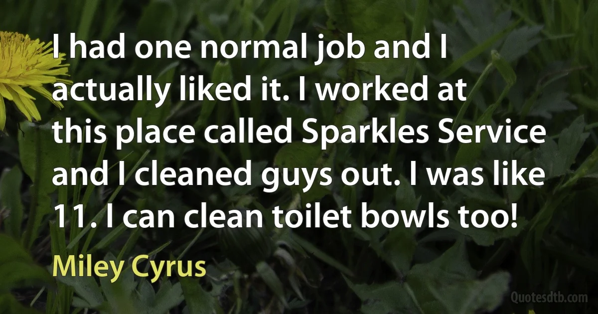 I had one normal job and I actually liked it. I worked at this place called Sparkles Service and I cleaned guys out. I was like 11. I can clean toilet bowls too! (Miley Cyrus)