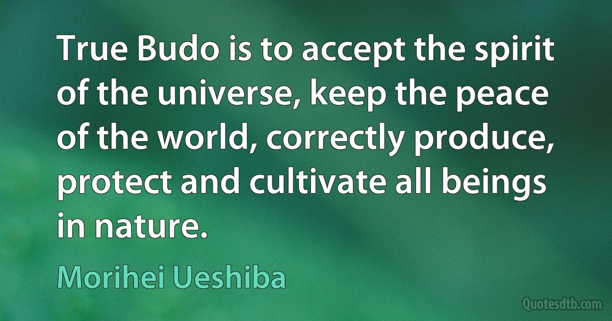 True Budo is to accept the spirit of the universe, keep the peace of the world, correctly produce, protect and cultivate all beings in nature. (Morihei Ueshiba)