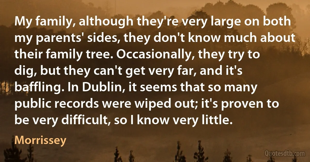 My family, although they're very large on both my parents' sides, they don't know much about their family tree. Occasionally, they try to dig, but they can't get very far, and it's baffling. In Dublin, it seems that so many public records were wiped out; it's proven to be very difficult, so I know very little. (Morrissey)