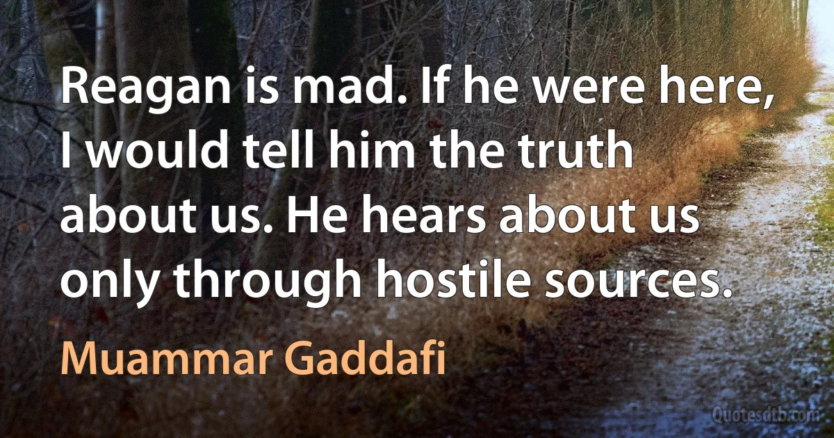 Reagan is mad. If he were here, I would tell him the truth about us. He hears about us only through hostile sources. (Muammar Gaddafi)