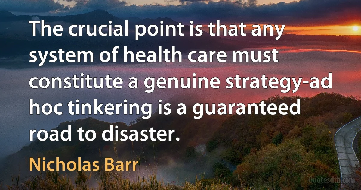 The crucial point is that any system of health care must constitute a genuine strategy-ad hoc tinkering is a guaranteed road to disaster. (Nicholas Barr)