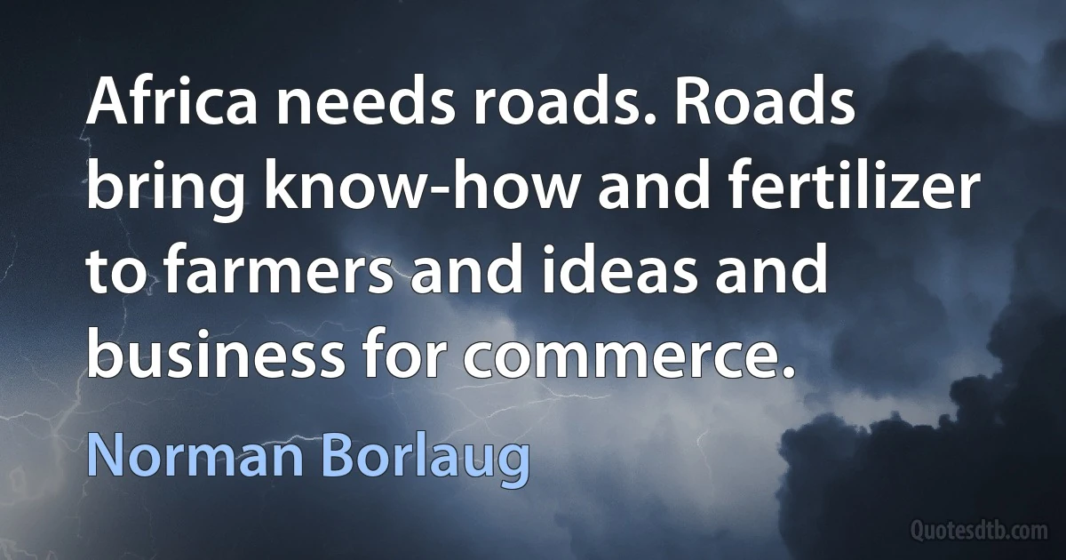 Africa needs roads. Roads bring know-how and fertilizer to farmers and ideas and business for commerce. (Norman Borlaug)