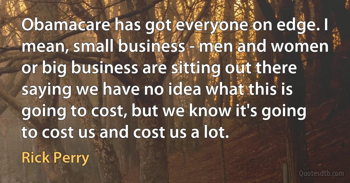 Obamacare has got everyone on edge. I mean, small business - men and women or big business are sitting out there saying we have no idea what this is going to cost, but we know it's going to cost us and cost us a lot. (Rick Perry)