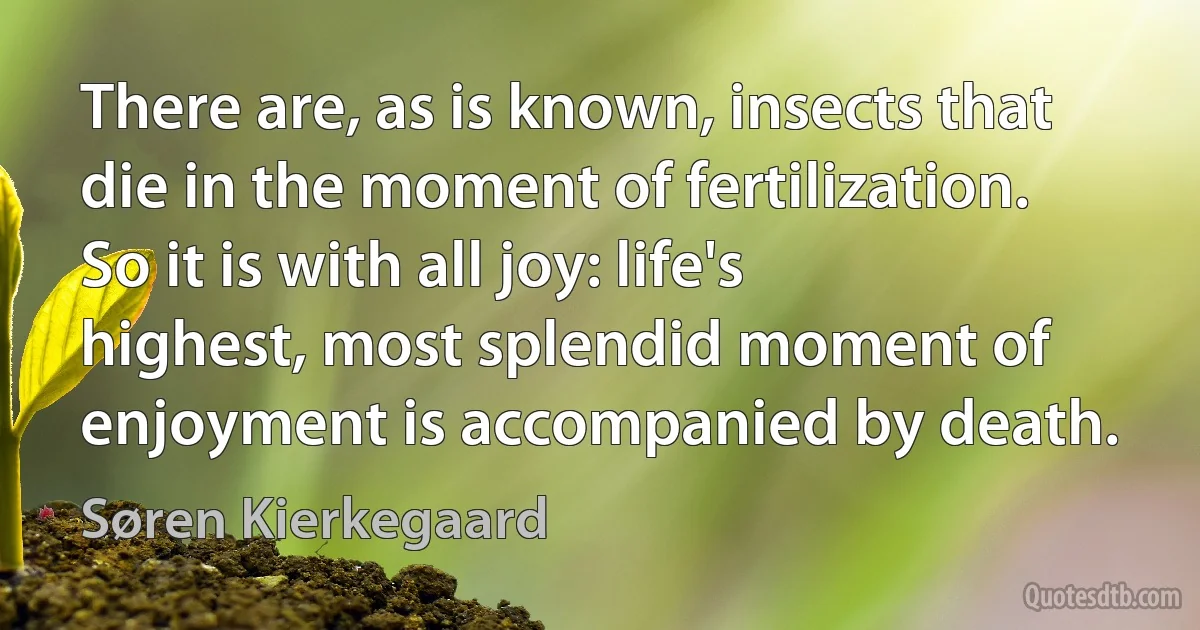 There are, as is known, insects that die in the moment of fertilization. So it is with all joy: life's highest, most splendid moment of enjoyment is accompanied by death. (Søren Kierkegaard)