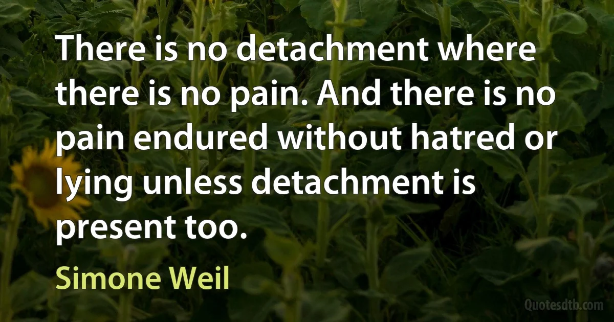 There is no detachment where there is no pain. And there is no pain endured without hatred or lying unless detachment is present too. (Simone Weil)