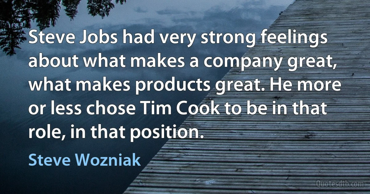 Steve Jobs had very strong feelings about what makes a company great, what makes products great. He more or less chose Tim Cook to be in that role, in that position. (Steve Wozniak)