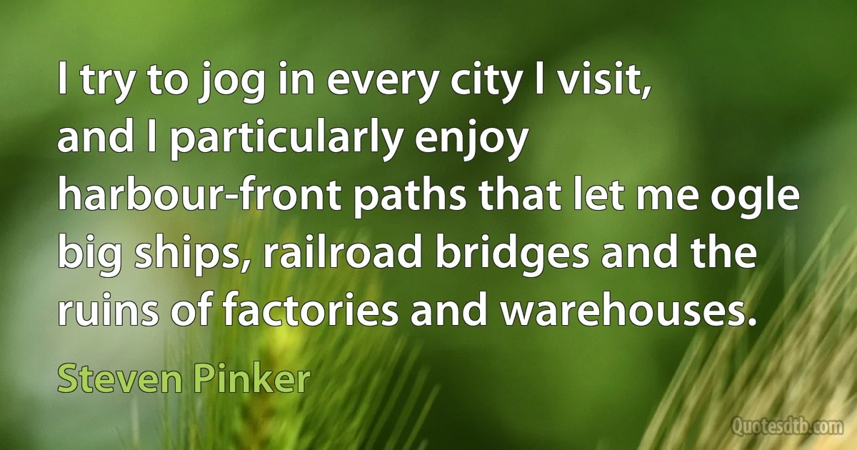 I try to jog in every city I visit, and I particularly enjoy harbour-front paths that let me ogle big ships, railroad bridges and the ruins of factories and warehouses. (Steven Pinker)