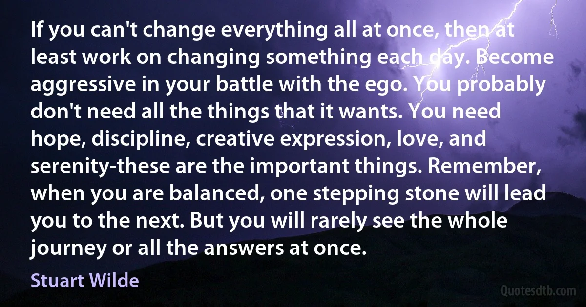 If you can't change everything all at once, then at least work on changing something each day. Become aggressive in your battle with the ego. You probably don't need all the things that it wants. You need hope, discipline, creative expression, love, and serenity-these are the important things. Remember, when you are balanced, one stepping stone will lead you to the next. But you will rarely see the whole journey or all the answers at once. (Stuart Wilde)