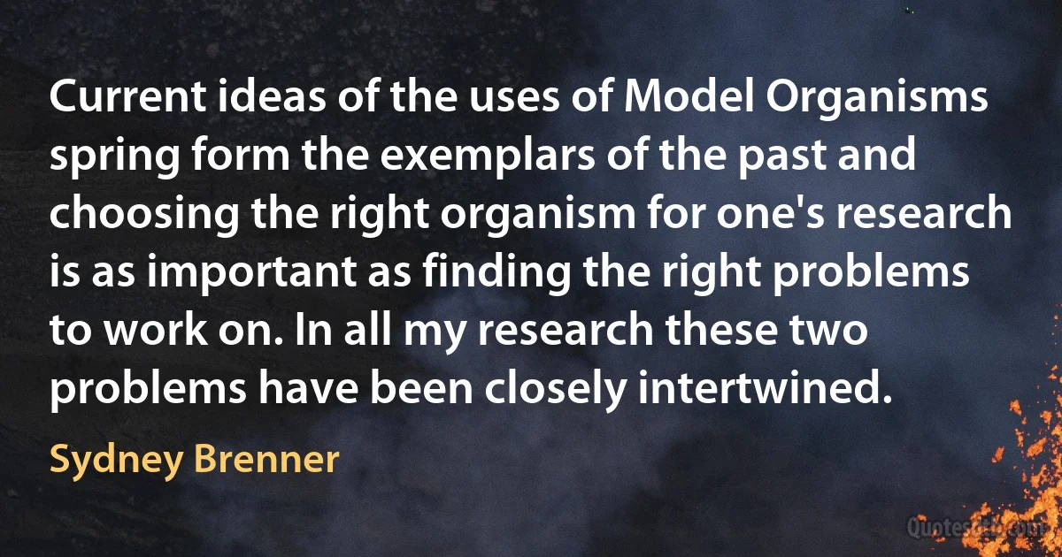 Current ideas of the uses of Model Organisms spring form the exemplars of the past and choosing the right organism for one's research is as important as finding the right problems to work on. In all my research these two problems have been closely intertwined. (Sydney Brenner)