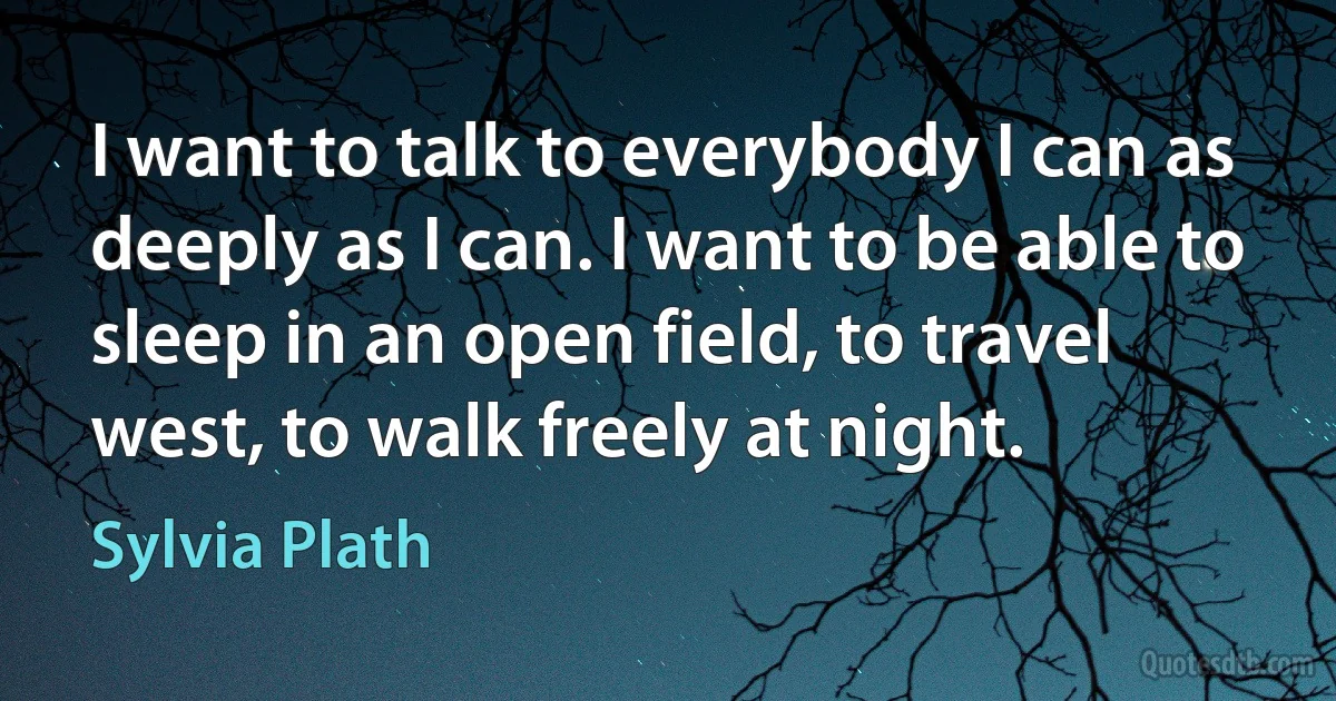 I want to talk to everybody I can as deeply as I can. I want to be able to sleep in an open field, to travel west, to walk freely at night. (Sylvia Plath)