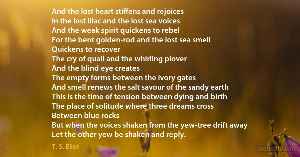 And the lost heart stiffens and rejoices
In the lost lilac and the lost sea voices
And the weak spirit quickens to rebel
For the bent golden-rod and the lost sea smell
Quickens to recover
The cry of quail and the whirling plover
And the blind eye creates
The empty forms between the ivory gates
And smell renews the salt savour of the sandy earth
This is the time of tension between dying and birth
The place of solitude where three dreams cross
Between blue rocks
But when the voices shaken from the yew-tree drift away
Let the other yew be shaken and reply. (T. S. Eliot)