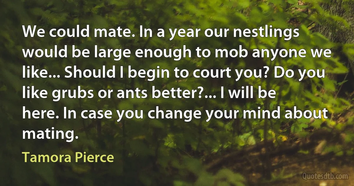 We could mate. In a year our nestlings would be large enough to mob anyone we like... Should I begin to court you? Do you like grubs or ants better?... I will be here. In case you change your mind about mating. (Tamora Pierce)