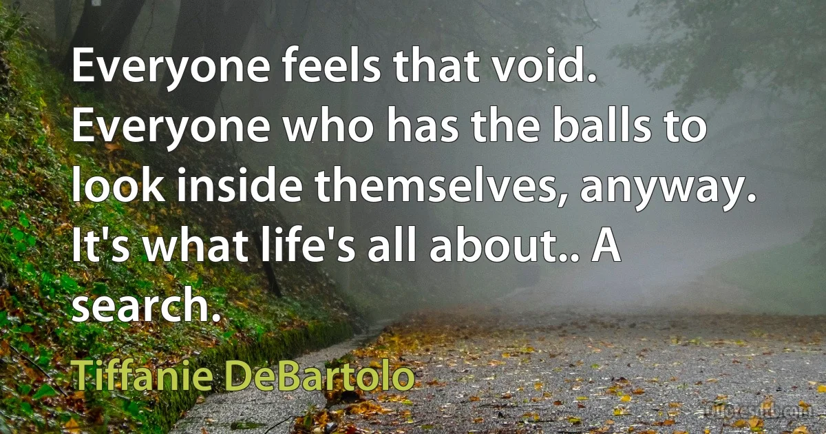 Everyone feels that void. Everyone who has the balls to look inside themselves, anyway. It's what life's all about.. A search. (Tiffanie DeBartolo)