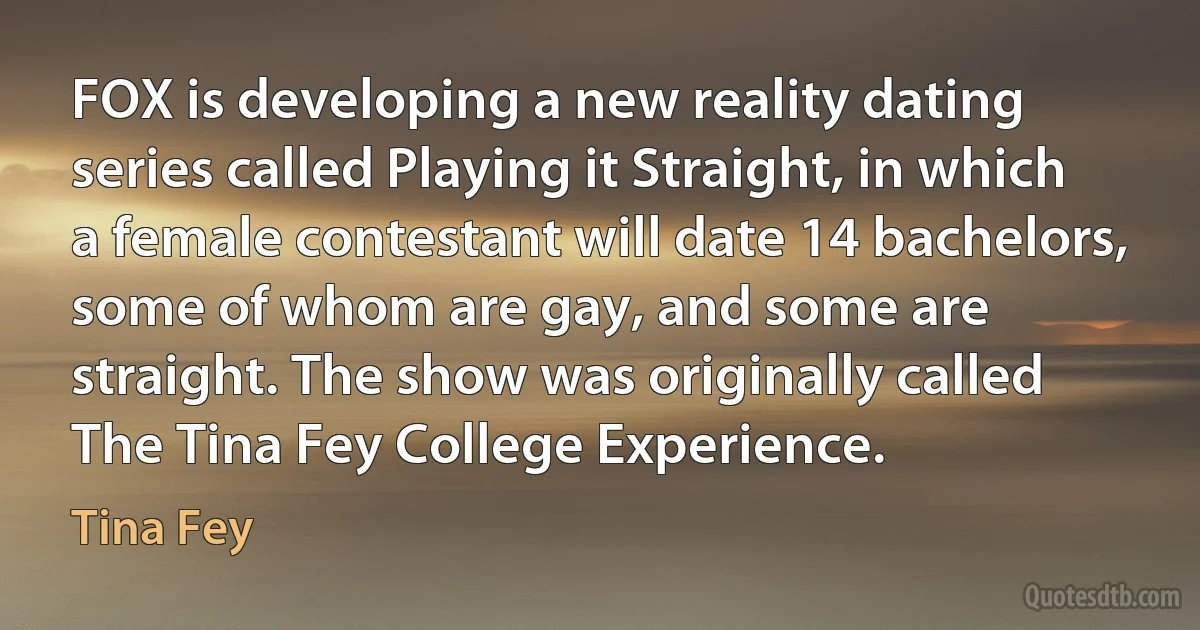 FOX is developing a new reality dating series called Playing it Straight, in which a female contestant will date 14 bachelors, some of whom are gay, and some are straight. The show was originally called The Tina Fey College Experience. (Tina Fey)