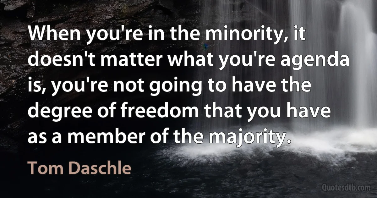 When you're in the minority, it doesn't matter what you're agenda is, you're not going to have the degree of freedom that you have as a member of the majority. (Tom Daschle)